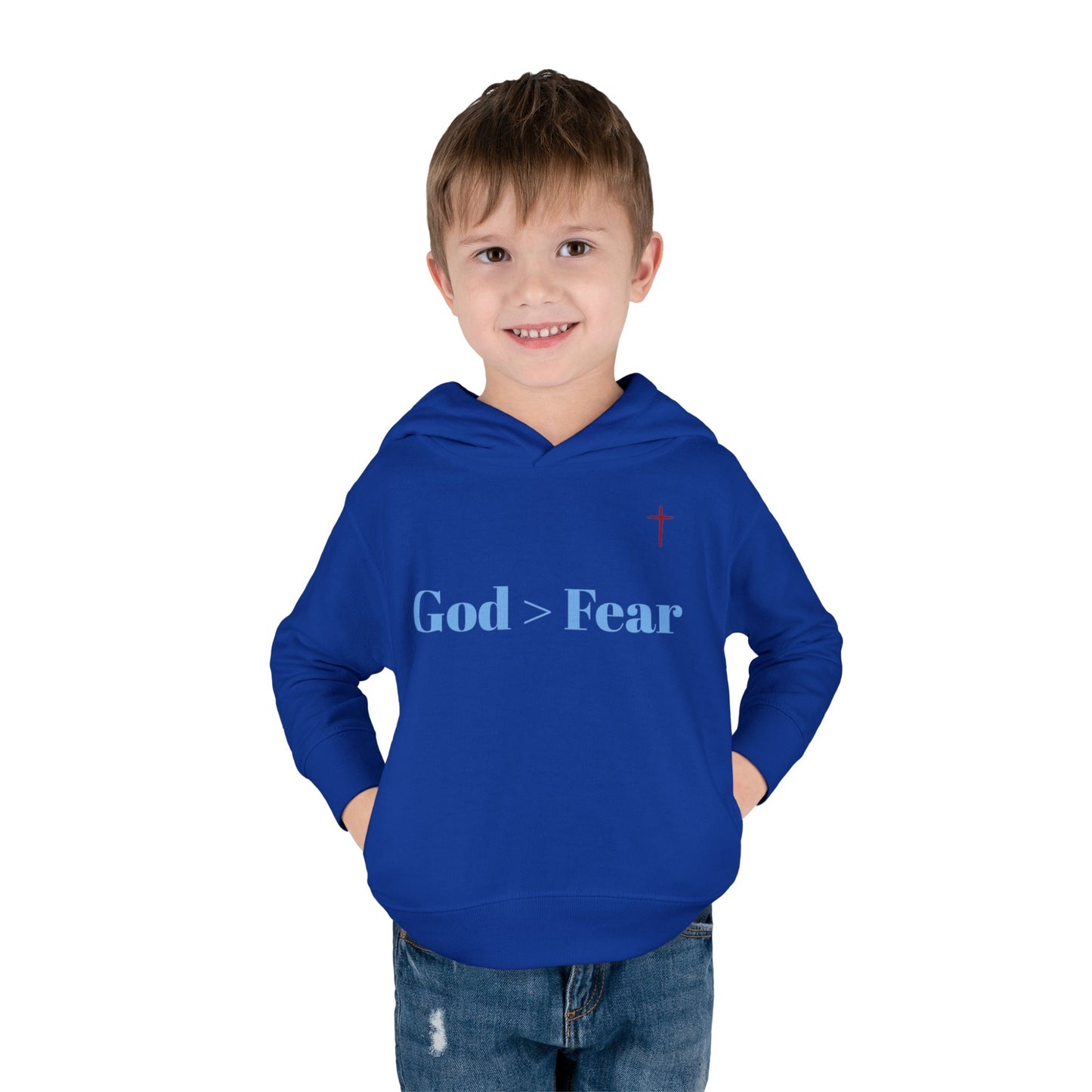 Toddler Pullover Fleece Hoodie - God > Fear Design | Protected, Defended, Loved Back Print