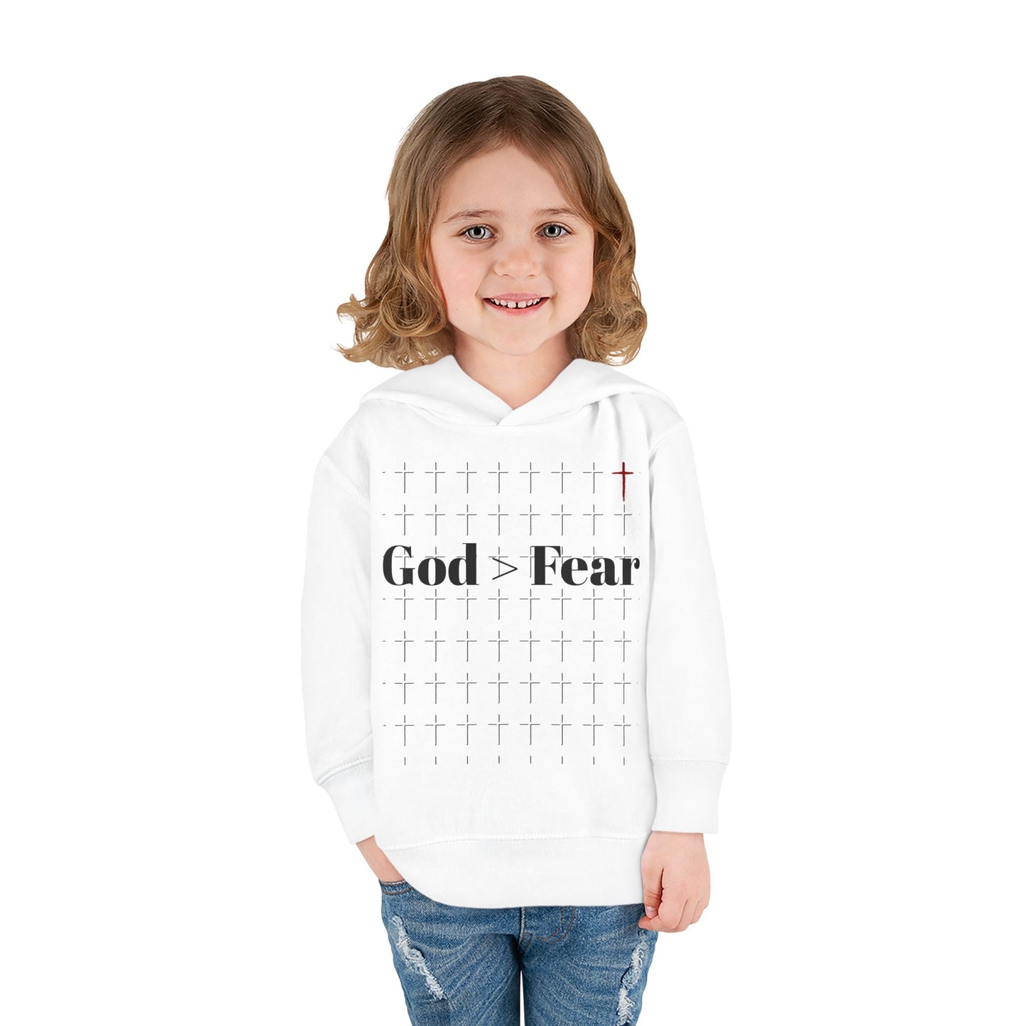 Toddler Pullover Fleece Hoodie - God > Fear Design | Protected, Defended, Loved Back Print