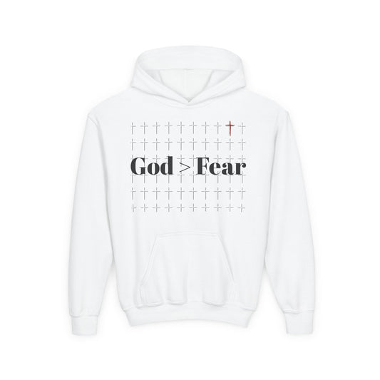 Youth Heavy Blend Hooded Sweatshirt - God > Fear | Protected, Defended, Loved