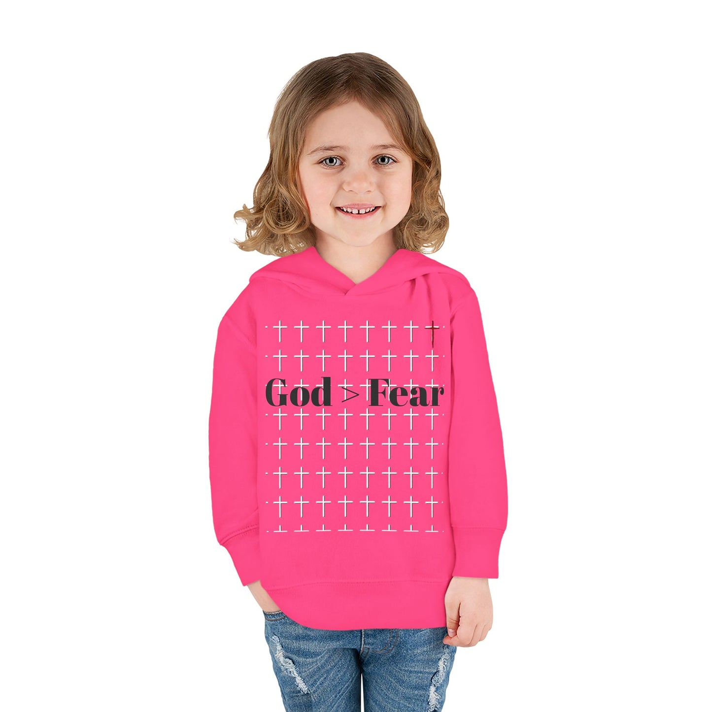 Toddler Pullover Fleece Hoodie - God > Fear Design | Protected, Defended, Loved Back Print