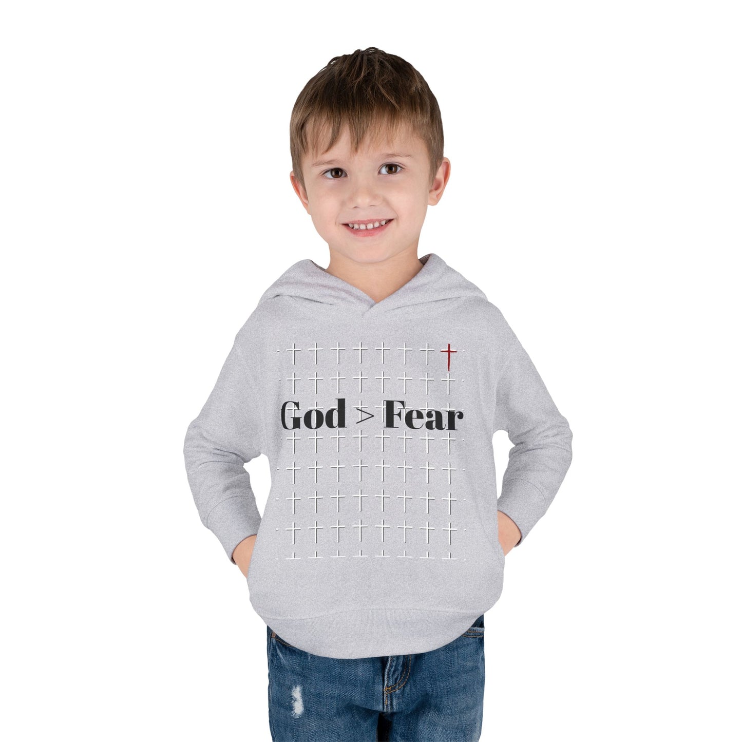 Toddler Pullover Fleece Hoodie - God > Fear Design | Protected, Defended, Loved Back Print