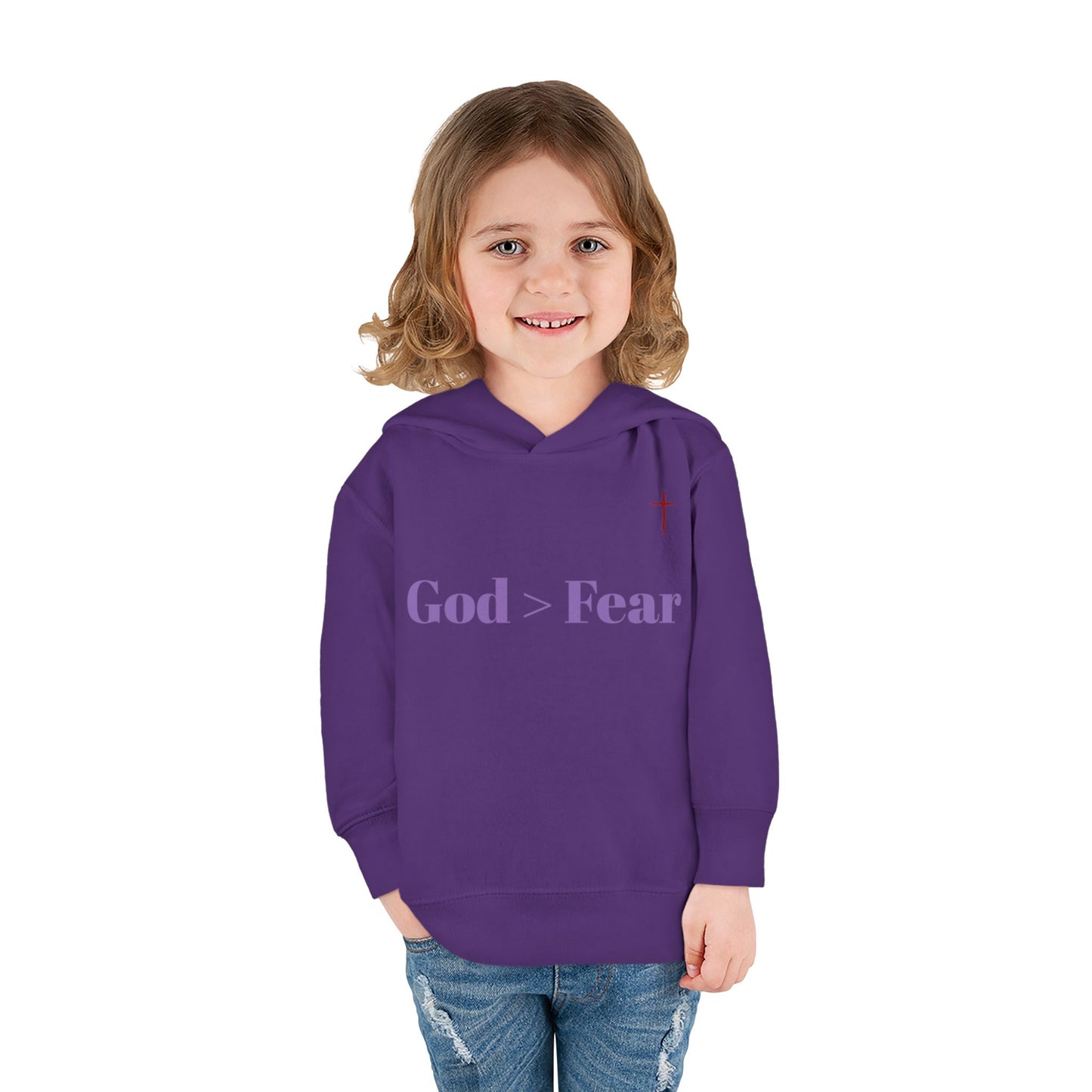 Toddler Pullover Fleece Hoodie - God > Fear Design | Protected, Defended, Loved Back Print