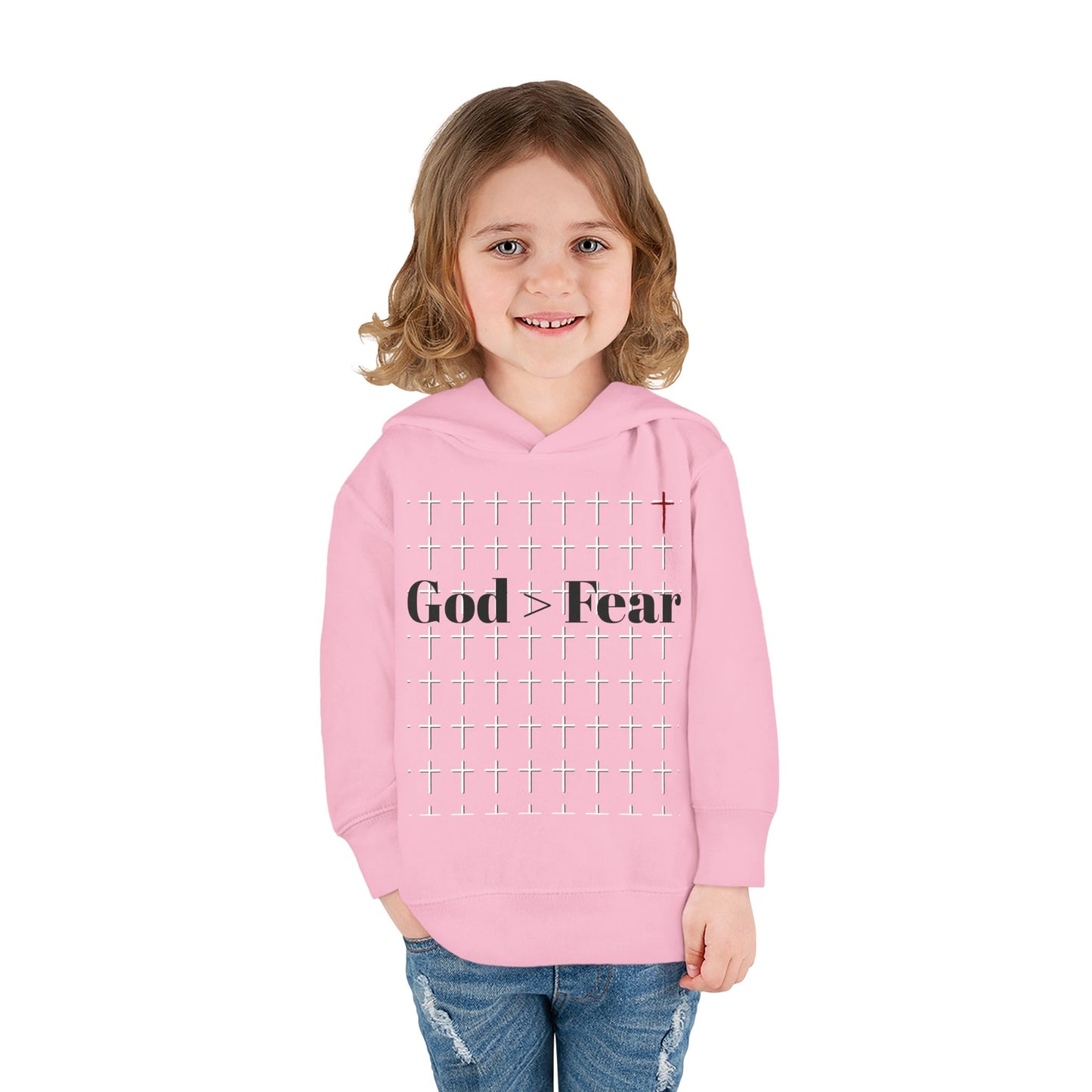 Toddler Pullover Fleece Hoodie - God > Fear Design | Protected, Defended, Loved Back Print